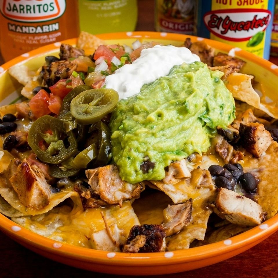 A bowl of chicken nachos with guacamole, sour cream, jalapeños, and black beans.