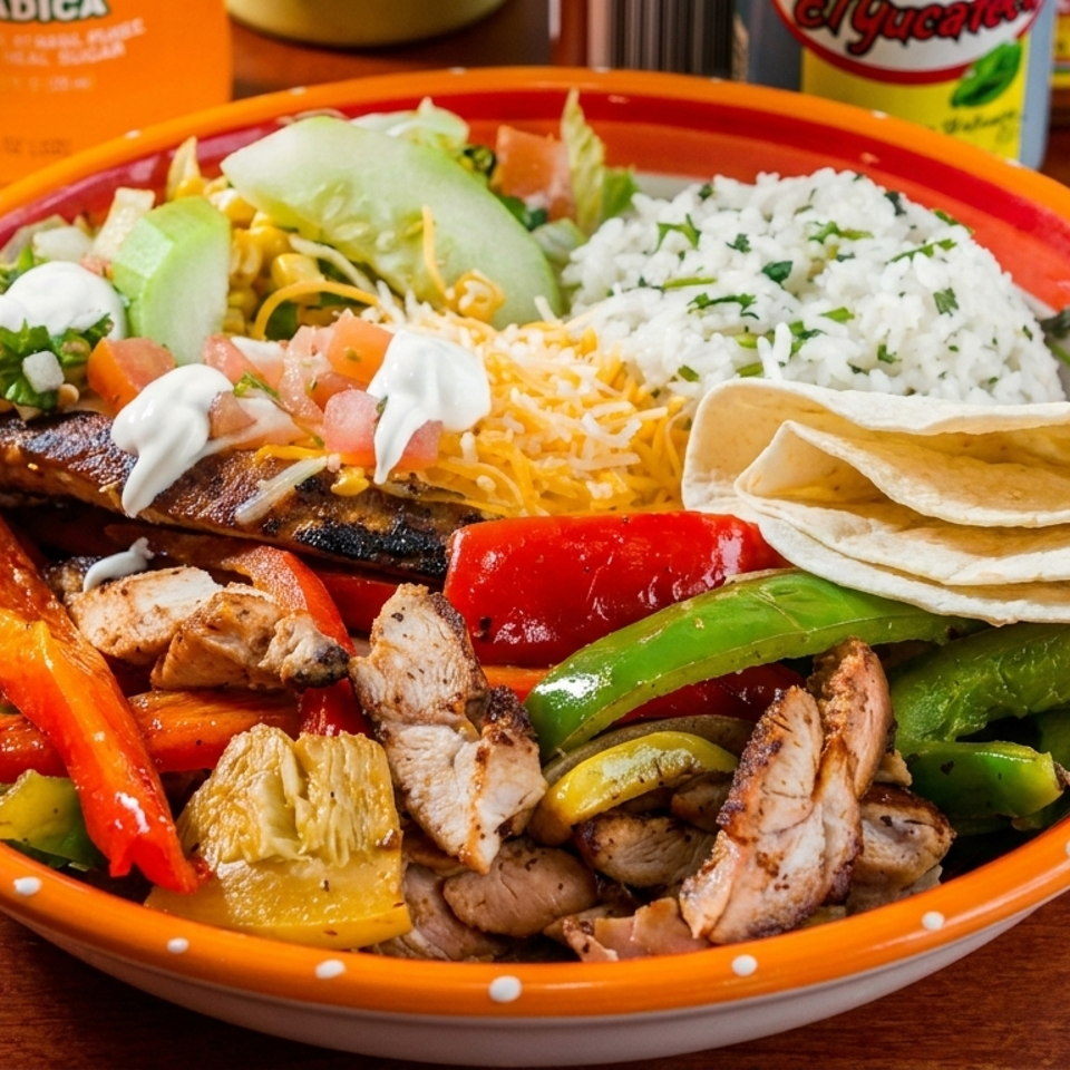 A colorful fajita bowl with grilled chicken, peppers, onions, rice, salad, cheese, and tortillas.